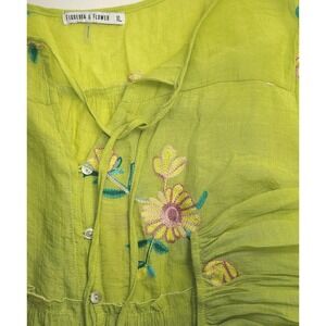Figueroa & Flower Boho Embroidered Floral Blouse Womens XL Green Peasant Top